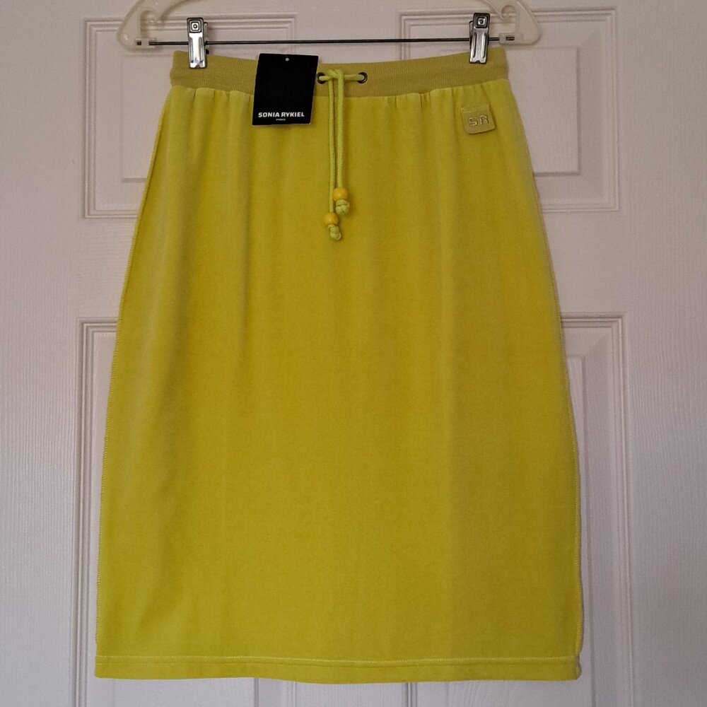SONIA RYKIEL Paris Skirt Yellow Velour SR Logo Beaded Cinch Ties France Size S